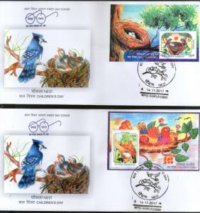 India 2017 Children's Day Paintings Nest Egg Birds Parrot Wildlife 2 M/s Set FDC