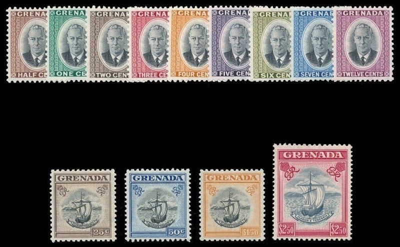 Grenada 1951 KGVI set complete MLH. SG 172-184. Sc 151-163.