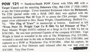 CSA POW Cover US Scott #65 North-to-South Target Cancel Delaware City CDS Due 10