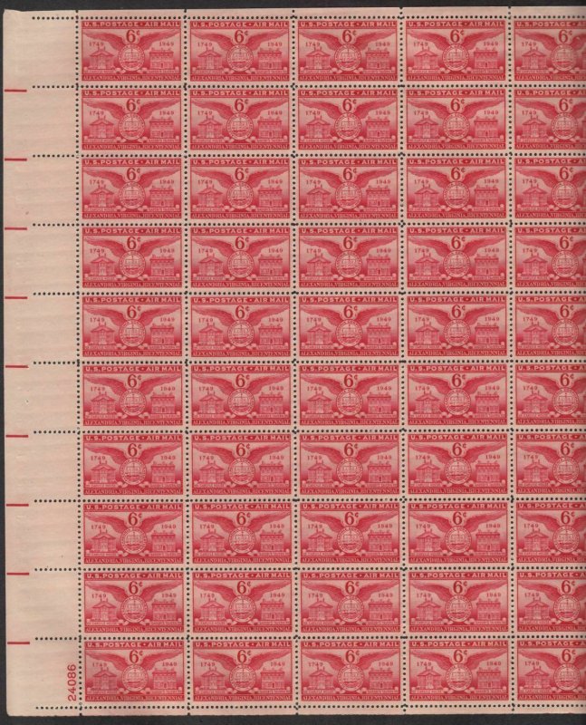 1949 Alexandria VA Bicentennial MNH Sc C40 airmail 6c fresh sheet of 50 selv flt