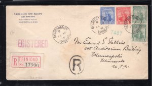 Trinidad 1916 Registered cover to Minneapolis franked 2 x 1 1/2p, 1p, & 2 1/2p