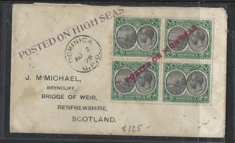 DOMINICA  (P1712B)  KGV 1928 1/2D BL OF 4 POSTED ON HIGH SEAS ST LINE RED AND VI