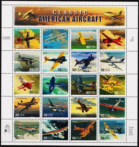 U.S.A.1997 American Aircraft Sheet. S.G.3304/3323 Unmounted Mint