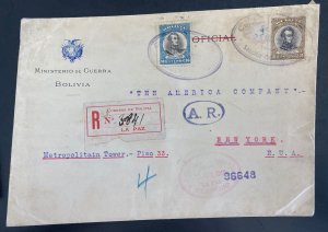 1910 La Paz Bolivia Unofficial War Minister Registered Cover To New York Usa 