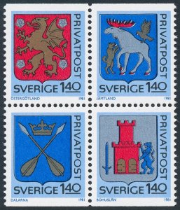 Sweden 1981 Rebate Stamps - Arms of Swedish Provinces Block of 4 SG1072-1075 MNH