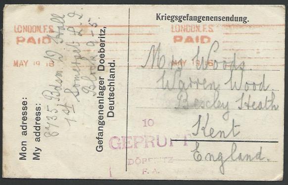 GB POW IN GERMANY 1916 POW lettersheet ex DOEBERITZ CAMP to UK.............53012