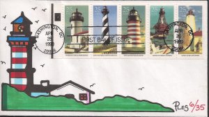 PLES Hand Painted FDC for the 1990 25c Lighthouses Booklet Stamps