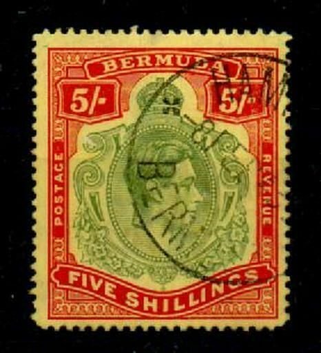 BERMUDA SG118bc 1942 5/= DULL YELLOW-GREEN & RED/YELLOW BROKEN SCROLL VAR USED