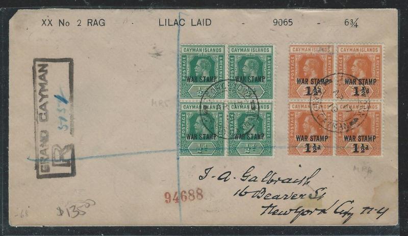 CAYMAN ISANDS (P1706B) 1919  KGV WAR TAX 1/2D BL OF 4+ 1 1/2D BL OF 4 REG TO USA