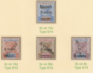 SEYCHELLES 1901 QV SURCHARGED & SPECIMEN  set of 4