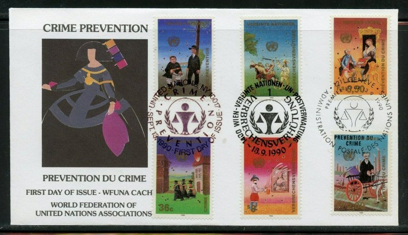 UN 1990 CRIME PREVENTION  WFUNA CACHET BY MANOLO VALDES ON 10 FIRST DAY COVERS 