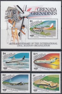 GRENADA GRENADINES Sc #652-6 CPL MNH SET of 4 + S/S - 40th INT'L CIVIL AVIATION