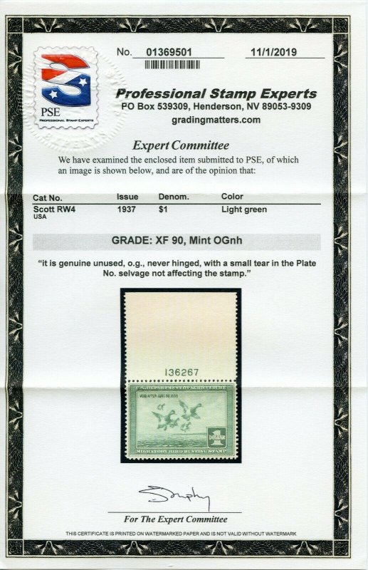 US SCOTT #RW4 Top PL#, Mint-XF-OG-NH Graded 90 PSE Certificate SMQ $600++ (DFP)