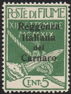 FIUME Italy 1920 Sc 106 5c Mint NH VF w/Black Overprint, cv $57.50