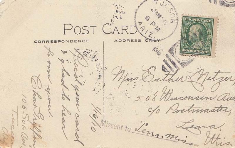 United States Mississippi Missent to. with ms Lena, Miss 1910 sl  PC  Sma...