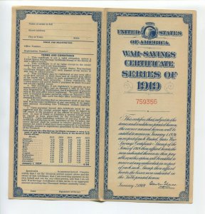 USA WAR SAVINGS CERTIFICATE SERIES OF 1919 UNUSED CARD  (WS4 STAMP RELATED)