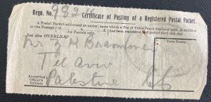 1940s Palestine Registered Postal Packet Label cover To Tel Aviv