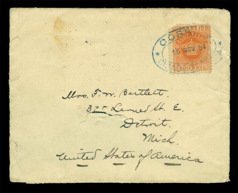 Portugal CAPE VERDE 1884 CROWN 200r Sc 8 on Cidade da Praia CVR to Detroit,USA