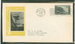 US 746 1934 7c Acadia (part of the National Park series) solo on an addressed first day cover with an Ioor cachet variety