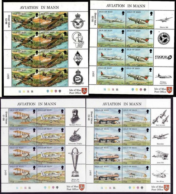 Isle of Man-SC#744-51-4 sheets-8-unused-NH-Aviation-Planes-