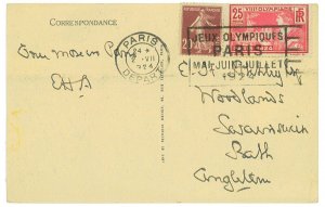 P3463 - FRANCE 2.7.24, DURING GAMES, MIXED FRANKING POST CARD TO ENGLAND.-