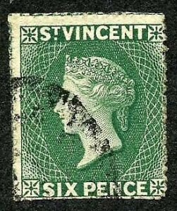 St Vincent SG4 1862 6d Deep Green No Wmk Rough Perf 14 to 16