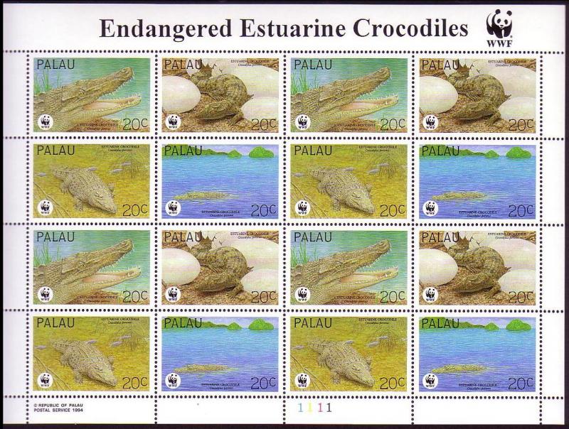 Palau WWF Estuarine Crocodile Sheetlet of 4 sets SG#673-676 MI#690-693 SC#323