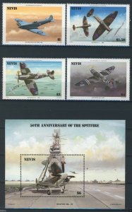 Nevis 1986, Spitfire airplane 50th Anniv set. Mi 360-64 + Bl 8