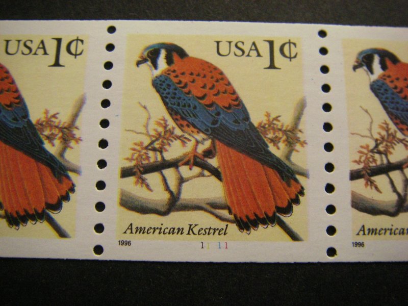 Scott 3044, 1c Kestrel, PNC6 #1111, black, blue, yellow, red, MNH Coil Beauty