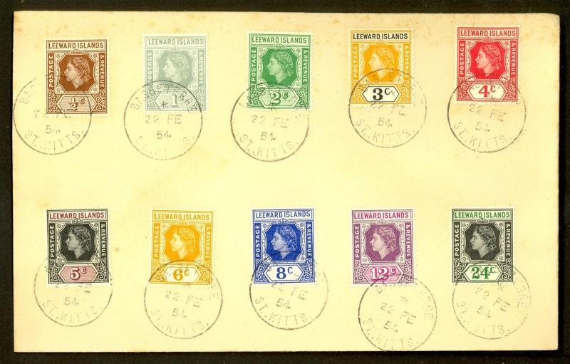 LEEWARD ISLANDS 1954 QE2 SHORT SET OF 10 to 24c on FDC Sc 133-142 ST KITTS