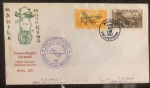 1937 Manila Philippines First Flight Airmail Cover FFC to NY USA Via Hong Kong