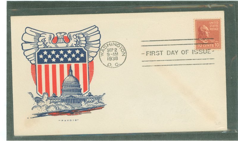 US 815 1938 10c Tyler (presidential/prexy series) single on an unaddressed first day cover with a Pavois cachet.