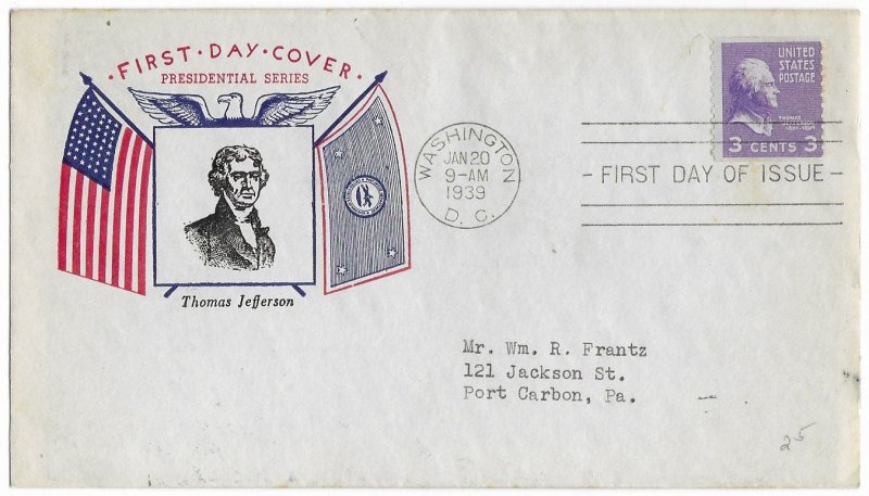 1939 Prexie Coil FDC, #842, 3c Thomas Jefferson, Fidelity P-5