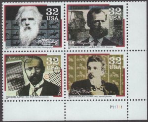 1996 Pioneers Communication Plate Blk of 4 32c Postage Stamps, Sc# 3064, MNH, OG