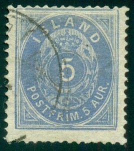 ICELAND #9 (9) 5aur blue, used, scarce and Fine, signed Stolow, Scott $900.00