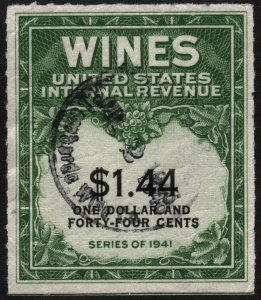 RE147 $1.44 Wine Revenue Stamp (1942) Used/CDS