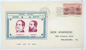 US 792 1937 3c Navy heroes/Farragut & Porter (part of the Army/Navy series) on a pre-printed addressed FDC with a Mayne cover se