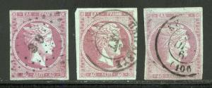 GREECE HERMES HEAD SCOTT#21 LOT OF THREE TWO FOUR & ONE THREE MARGIN COPIES USED