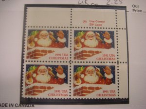 Scott 2579, Santa in Chimney, 1991, Zip block of 4, UR, MNH Christmas Beauty