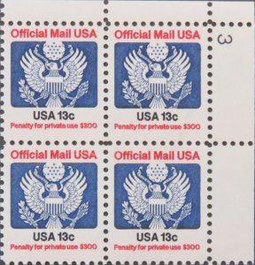 O129 13c Eagle, Plate Block #3