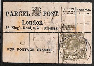 GB Chelsea PARCEL POST LABEL *55 King's Road* London KGV 7d CDS {samwells}QB16