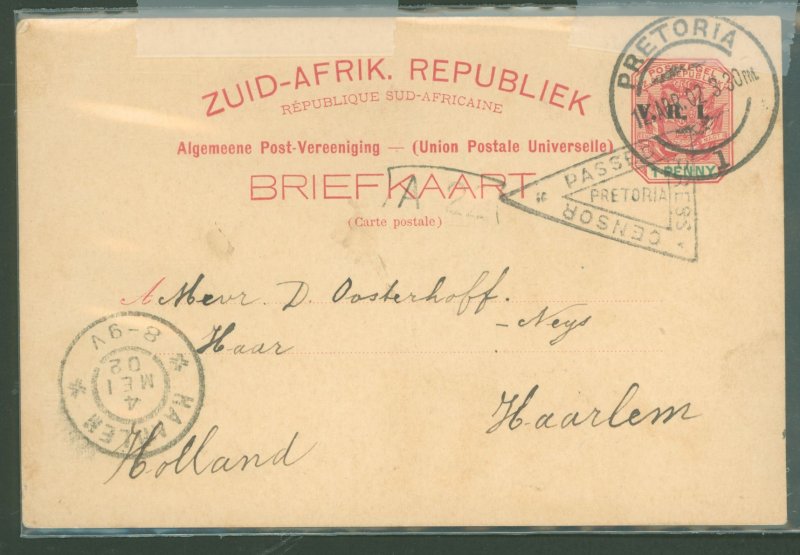 South Africa  1902 1 penny postal card with VR1 overprint, censor mark, to Holland