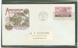 US 782 1936 3c Arkansas/100th anniversary of Statehood (single) on an addressed (label) first day cover with an Ioor cachet.