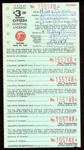 California Hunting license, 1956, used, Resident Citizen Lot 230738