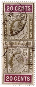 (I.B) Ceylon Telegraphs : 20c Drab & Purple