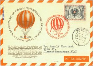 87328 AUSTRIA Postal History SPECIAL FLIGHT Postcard BALLOONS 1955 