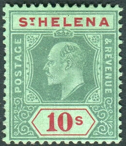 ST HELENA-1908-11 10/- Green & Red/Green.  A lightly mounted mint example Sg 70