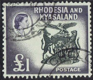 RHODESIA AND NYASALAND 1959 QEII ARMS £1 USED