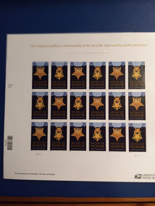 US# 4988, Medal of Honor, Sheet of 20 @ .49 (2 on reverse side) - 2015
