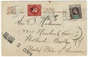 St. Lucia 1905 Castries cancel on postcard to the U.S., postage due